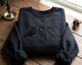 Embroidered Raven Sweatshirt, Black Raven Shirt, Dark Gothic Tshirt Gift, Halloween Women Tee