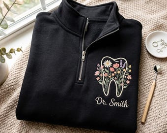 Embroidered Floral Tooth Quarter Zip Sweatshirt – Dental Professional Gift