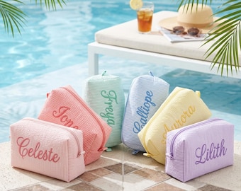 Embroidered Custom Seersucker Toiletry Bag, Personalized Bridesmaid Gift, Travel Name Pouch, Team Gifts Baby Bags Organizer, Cosmetic Bag