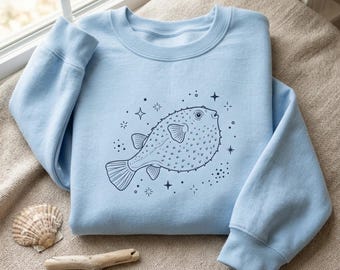Light Blue Pufferfish Embroidered Sweatshirt – Unisex Cotton Blend Cozy Top