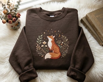 Embroidered  Cute Fox Sweatshirt, Flower Shirt, Floral Fox Shirt, Flower Shirt, Animal Lover Ladies Shirt, Gift for Nature Lover, Fox Shirt