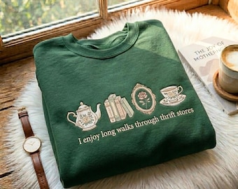 Embroidered I Enjoy Long Walks Through Thrift Stores Sweatshirt, Grandmillennial Crewneck, Retro Tea Pot Shirt, Antique Lover Pullover