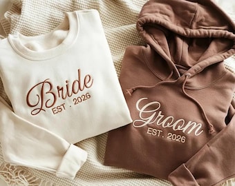 Custom Bride & Groom Embroidered Sweatshirt, Engagement Shirt, Honeymoon Matching Bride And Groom Clothing, Wedding Party Tee