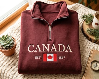 Canada Est. 1867 Embroidered Quarter Zip Sweatshirt, Proud Canadian Sweatshirt