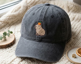 Washed Cotton Cap with Capybara Embroidery – Vintage Style Hat, Funny Capybara Lover Gift