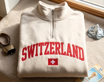 Switzerland Quarter Zip Sweatshirt: Embroidered Flag Detail, Perfect Gift for Soccer Lover, 2026 Football Switzerland Flag Shirt