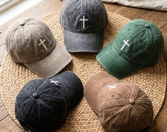 Washed Cotton Baseball Cap with Embroidered Christian Cross – Vintage Style Dad Hat