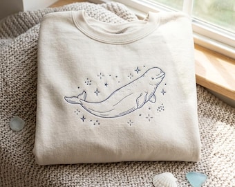 Embroidered Beluga Whale Sweatshirt – Cozy Cotton Blend Crewneck, Beluga Lover Shirt Sea World Shirt