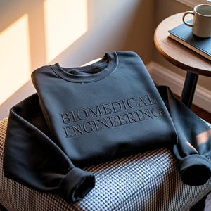 May include: A dark charcoal grey crewneck sweatshirt featuring the words BIOMEDICAL ENGINEERING embroidered in a matching dark thread across the chest. The garment has long sleeves with ribbed cuffs and a classic round neckline design.