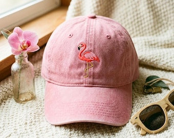 Washed Cotton Cap with Flamingo Embroidery – Vintage Style Adjustable Hat