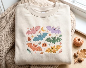Embroidered Cute Spooky Bat Halloween Sweatshirt, Folk Art Bat, Colorful Whimsical Bat T-Shirt