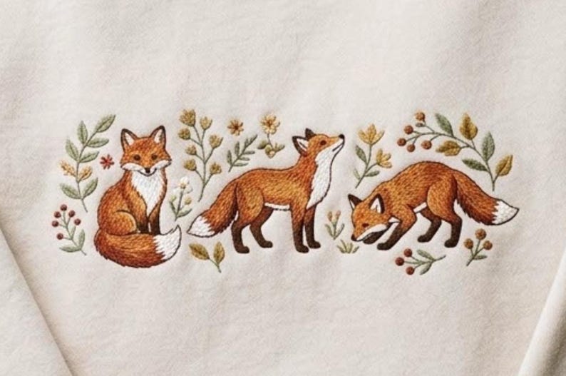 May include: An off-white fabric featuring detailed embroidery of three foxes in various poses, surrounded by small botanical elements including green leaves, yellow flowers, and brown berries, arranged in a horizontal decorative pattern.
