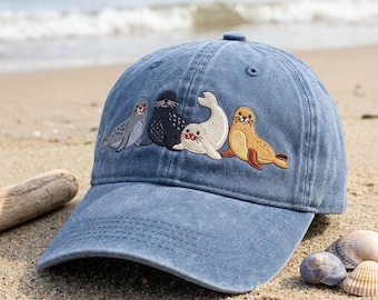 Washed Cotton Cap with Custom Seal Embroidery – Vintage Beach Style