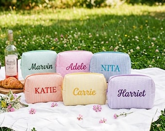 Personalized Embroidered Seersucker Toiletry Bag, Personalized Bridesmaid Gift, Travel Name Pouch, Team Gifts Baby Bags Organizer Gift