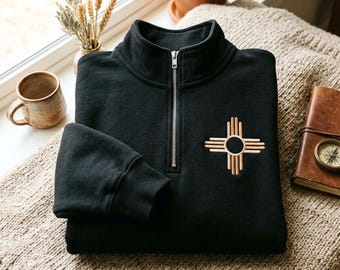 New Mexico Zia Symbol Embroidered Quarter Zip Sweatshirt, Southwestern Desert Style