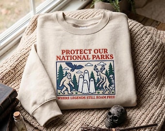 Embroidered Cryptid National Parks Sweatshirt, Protect Our Parks Vintage Camping Hiking Tee Retro Wanderlust Shirt Fantasy Creatures Tee