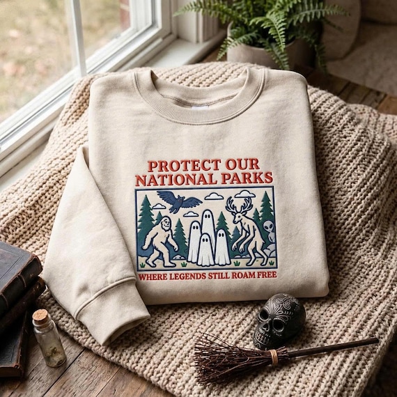 Embroidered Cryptid National Parks Sweatshirt, Protect Our Parks Vintage Camping Hiking Tee Retro Wanderlust Shirt Fantasy Creatures Tee