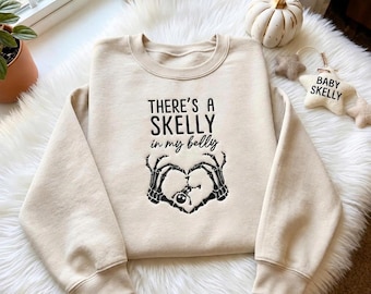 Embroidered There's a Skelly in My Belly Sweatshirt, Halloween Pregnancy Announcement Shirt, Baby Announcement Halloween Shirt