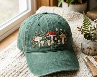 Washed Cotton Cap with Mushroom Embroidery – Vintage Style Adjustable Hat