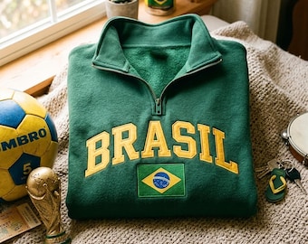 Brazil World Cup 2026 Embroidered Quarter Zip Sweatshirt, Brasil Soccer Fan Tee, Brazil Football Graphic T-Shirt, Sports Shirt