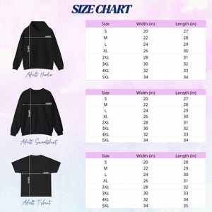 May include: A size chart for apparel featuring three black garment silhouettes: a hoodie, a sweatshirt, and a t-shirt. Each item is paired with a table listing sizes from S to 5XL, including width and length measurements in inches.