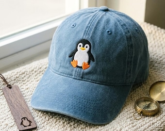 Washed Cotton Cap with Penguin Embroidery – Vintage Style Adjustable Hat