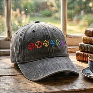 Washed Cotton Cap with D20 Dice Embroidery – Vintage Style Adjustable Hat, RPG Game Cap Gift for Dad, D&D Hat