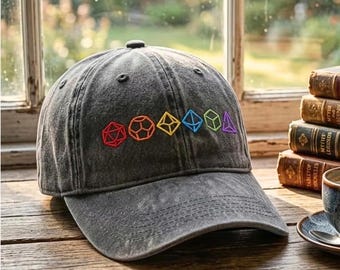 Washed Cotton Cap with D20 Dice Embroidery – Vintage Style Adjustable Hat, RPG Game Cap Gift for Dad, D&D Hat