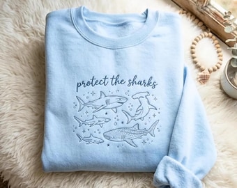 Embroidered Protect the Sharks Sweatshirt: Ocean Conservation Marine Life Apparel, Shark Lover Gift