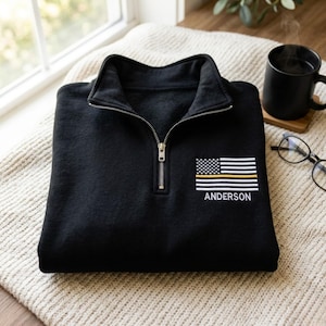 Aangepaste 911 verzender geborduurde sweater met kwartrits dunne gele lijn trui shirt noodoperator cadeau
