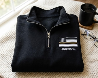 Custom 911 Dispatcher Embroidered Quarter Zip Sweatshirt Thin Yellow Line Pullover Shirt Emergency Operator Gift