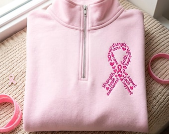 Embroidered Pink Ribbon Breast Cancer Awareness Quarter Zip Sweatshirt, Support Warrior Tee
