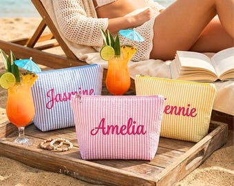 Personalized Seersucker Makeup Bag, Embroidered Cosmetic Pouch, Bridesmaid Gift