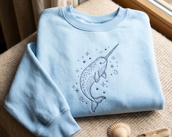 Embroidered Narwhal Sweatshirt: Celestial Ocean Creature Apparel, Minimalist Arctic Marine Life T-Shirt, Funny Whale Gift