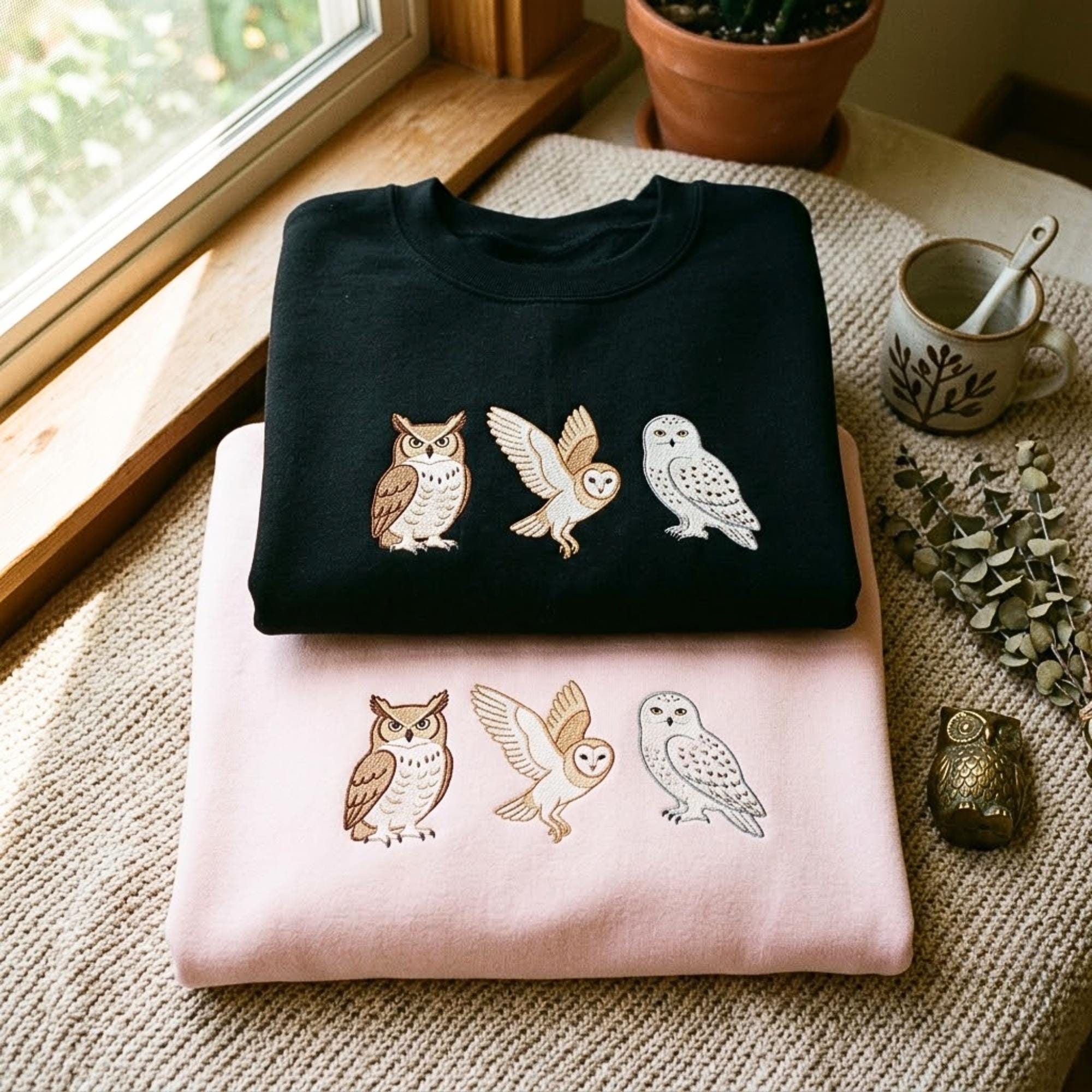 Embroidered Owl Sweatshirt: Cozy Cotton Blend Pullover, Animal Lover Gift Sweatshirt