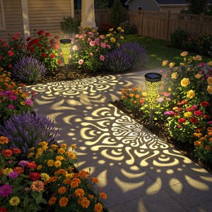 May include: Two solar-powered garden lights illuminate a pathway with a decorative pattern. The lights are surrounded by colorful flowers, including roses and lavender. The pathway is made of concrete.
