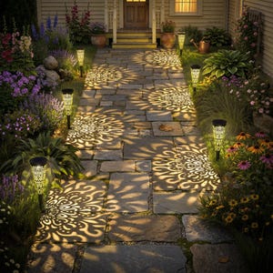 May include: A stone pathway lined with solar-powered garden lights. The lights cast intricate floral patterns on the path. The pathway leads to a house with a wooden door and potted plants.