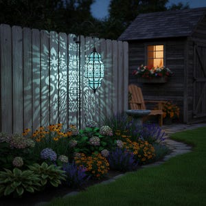 May include: A hanging outdoor lantern with a black metal frame and intricate cut-out patterns that emit a bright teal light, casting a large, detailed floral and geometric shadow projection onto the wooden fence surface behind it.