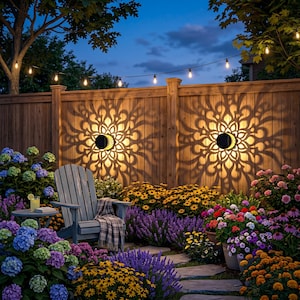 May include: Outdoor scene at dusk featuring a wooden fence with decorative solar lights casting floral patterns. A wooden chair, small table, and various colorful flowers are in the foreground. String lights hang above, creating a warm ambiance.