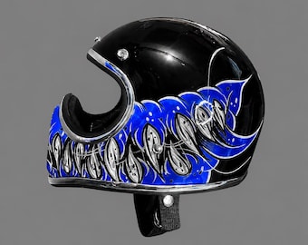 Cakil Full Face Helmet Blue Flame Custom Paint Retro Vintage Motorcycle Helmet Gloss Black