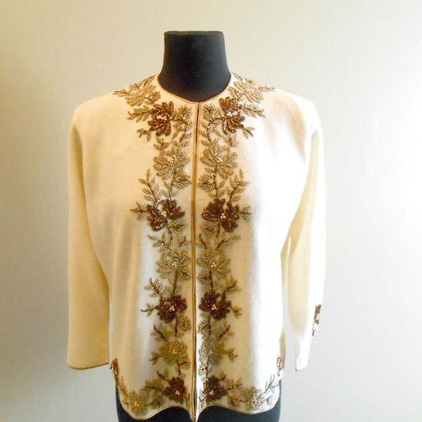 CLEARANCE 1950's Hand Beaded Sweater Cardigan Cream Cashmere Wool Sweater RICKY BO Size S / M Mid Century