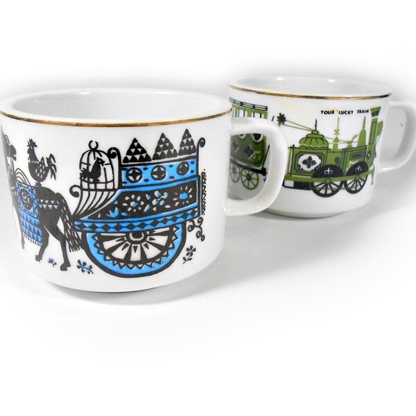 Mod Coffee Mugs Cup Set (2) Mid Century Transportation Train Horse and Buggy Tatung Drinkware Kitchen & Dining
