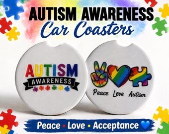 Podkładki samochodowe na kubki z motywem autyzmu | Ceramiczne podstawki na kubki Peace Love Autism | Akcesoria samochodowe z motywem tęczowej układanki | Prezent dla osoby ze specjalnymi potrzebami