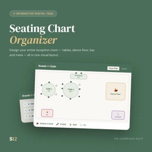 May include: An interactive digital seating chart organizer tool with a green background. The interface displays a floor plan layout featuring circular tables, a dance floor, a bar, and a DJ booth. Text includes Seating Chart Organizer, Bonnie & Clyde, Floor Plan, Export, Dance Floor, Stage, Bar, and DJ.
