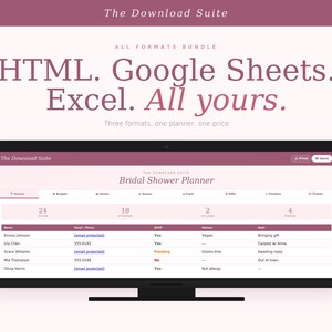 Op de afbeelding: Een digitale bruidsdoucheplanner weergegeven op een computermonitor. Het scherm toont een spreadsheet met kolommen voor gasten, contactgegevens en notities. De tekst "HTML. Google Sheets. Excel. All yours" wordt hierboven weergegeven.