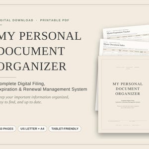 Personlig dokumentorganisatör i PDF-format | Viktiga dokumentpärmare | Utskrivbar filorganisatör och förnyelsespårare