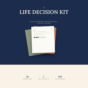 May include: A digital workbook titled THE LIFE DECISION KIT on a dark blue background. The central page shows the number 04, lines for text, and a row of circles. Below, text indicates 60 worksheet pages, 2 sizes in US Letter and A4, and PDF.