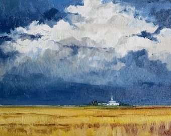 Paisaje con la iglesia, pintura al óleo original sobre lienzo montado en cartón, 14 x 11 pulgadas, firmada, 2026.
