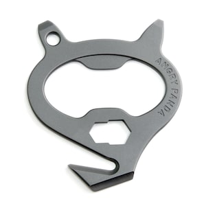 May include: A gray multi-tool with a bottle opener, hex wrench, and a pointed edge. The tool has a circular opening and the words "ANGRY PANDA" are printed on the surface. The tool is made of metal and has a matte finish.
