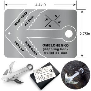 May include: A silver grappling hook wallet edition, measuring 3.35 inches by 2.75 inches. The card has instructions to bend up and down, with the text "OMELCHENKO grappling hook wallet edition". The image also shows the hook assembled and in use.